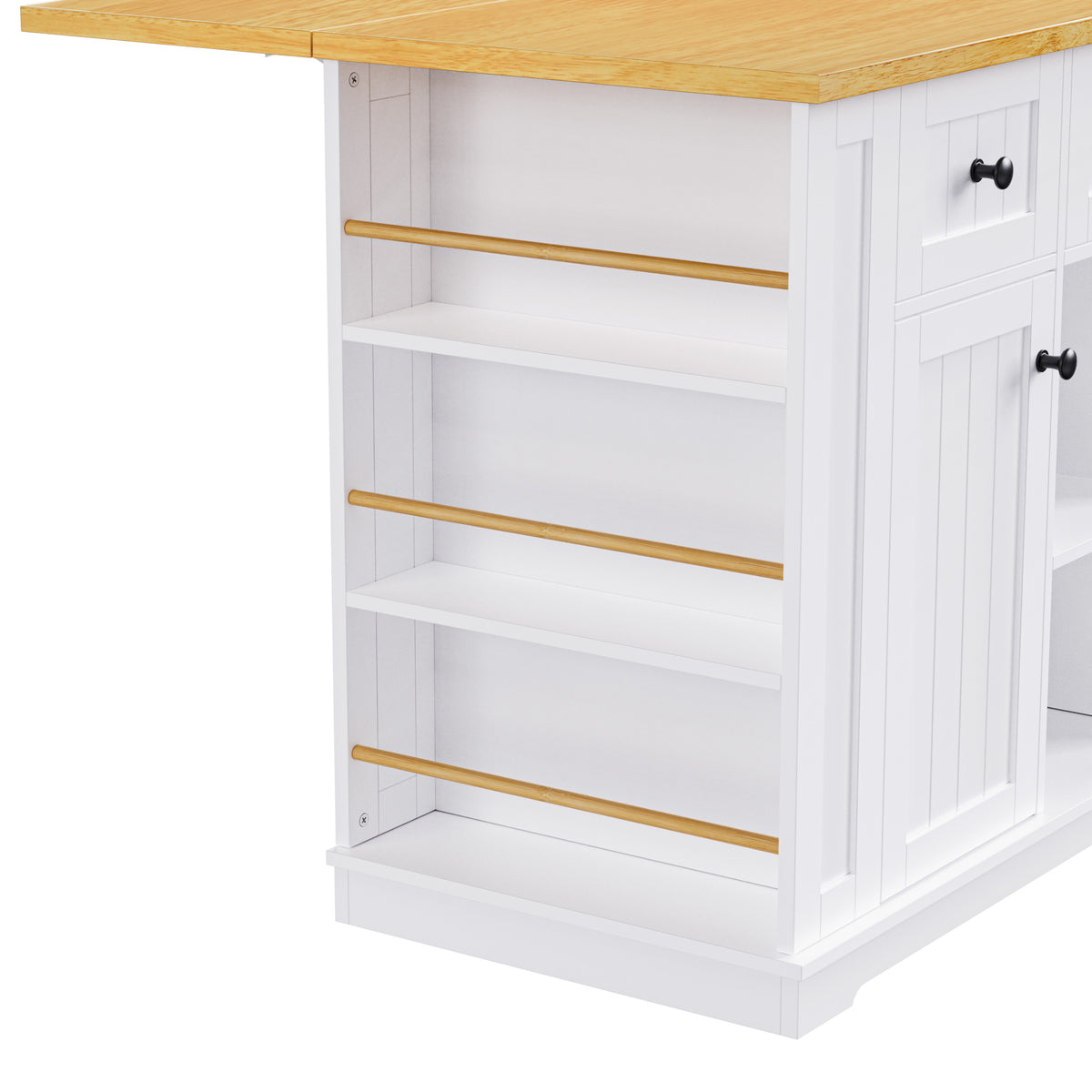 K&K 53inch Large Kitchen Island with 2 Bar Stools, Power Outlet,Door Internal Storage Rack, Kitchen Storage Cart on 5 Wheels with Drop Leaf, 5 Open Side Racks, 3 Drawers, for Kitchen,Dining Room,White N707S000007W-djyc