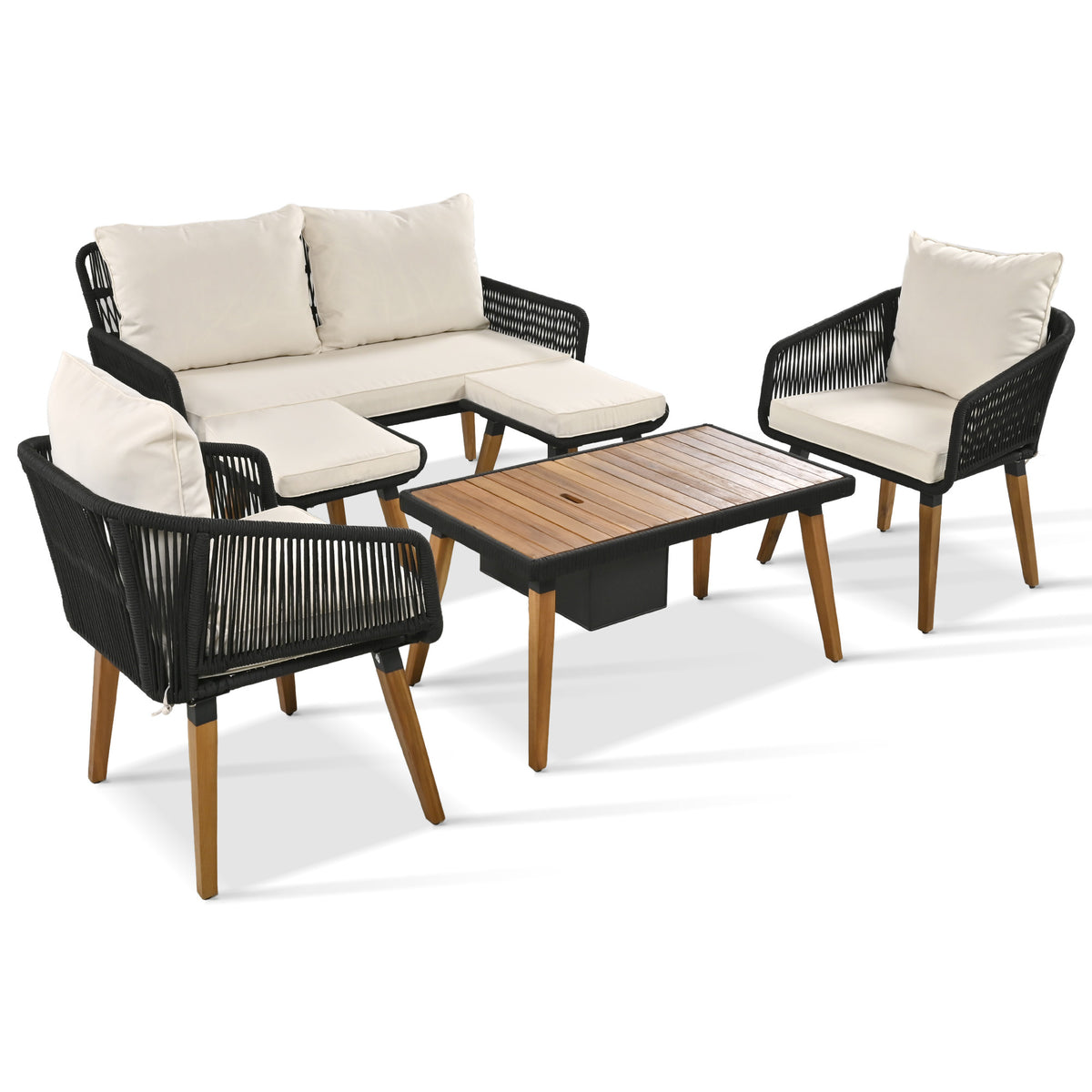 K&K 6-Piece Rope Patio Furniture Set, Outdoor Furniture with Acacia Wood Cool Bar Table with Ice Bucket , Deep Seat Patio Conversation Set with Two Stools for Backyard Porch Balcony (Black & Beige) SK000005AAA-djyc