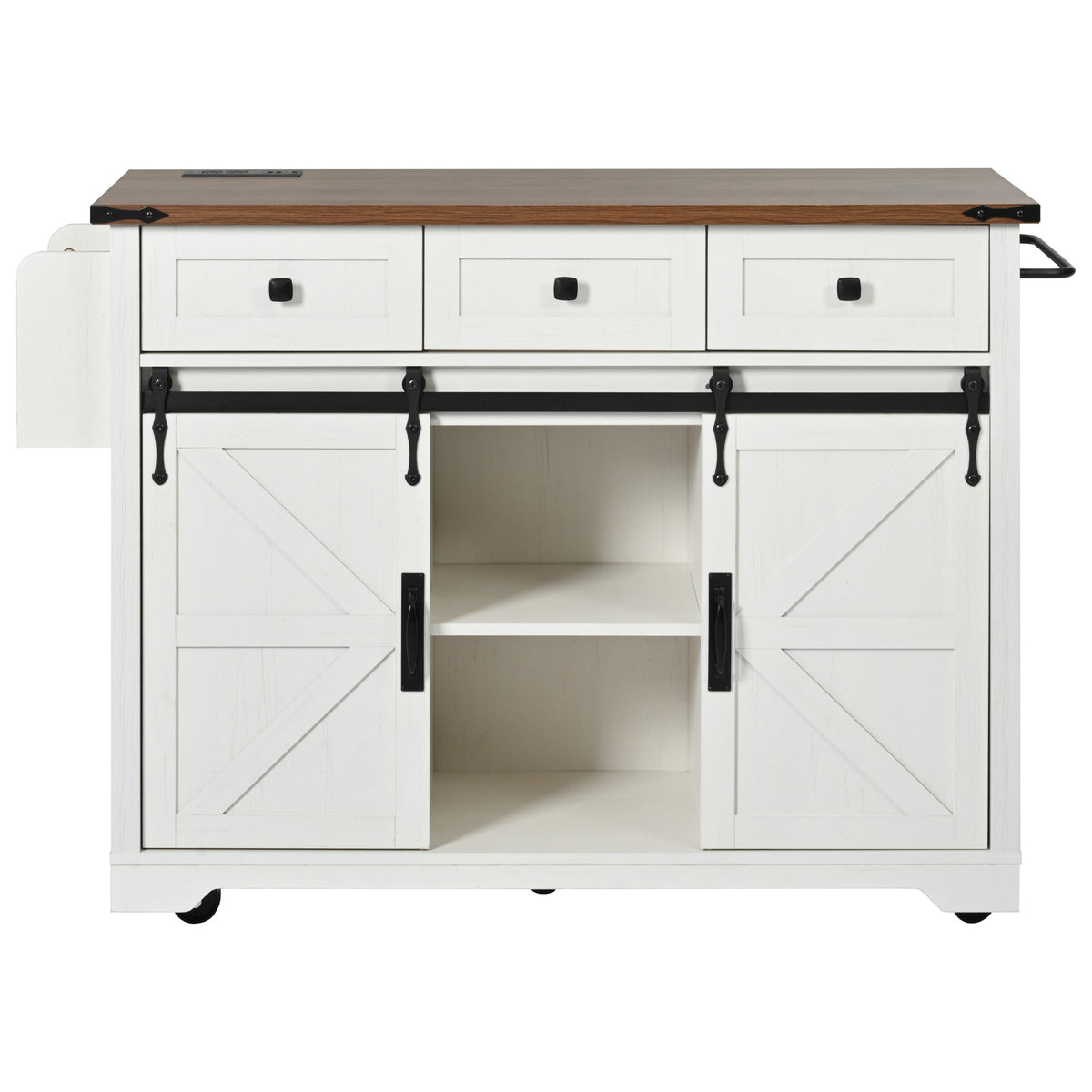 K&K 53.7" Farmhouse Kitchen Island with Power Outlet, 2 Sliding Barn Door Kitchen Storage Island with Drop Leaf, Spice Rack Rolling Kitchen Cart on Wheels, for Home, Kitchen and Dining Room, White N707P170347W-djyc