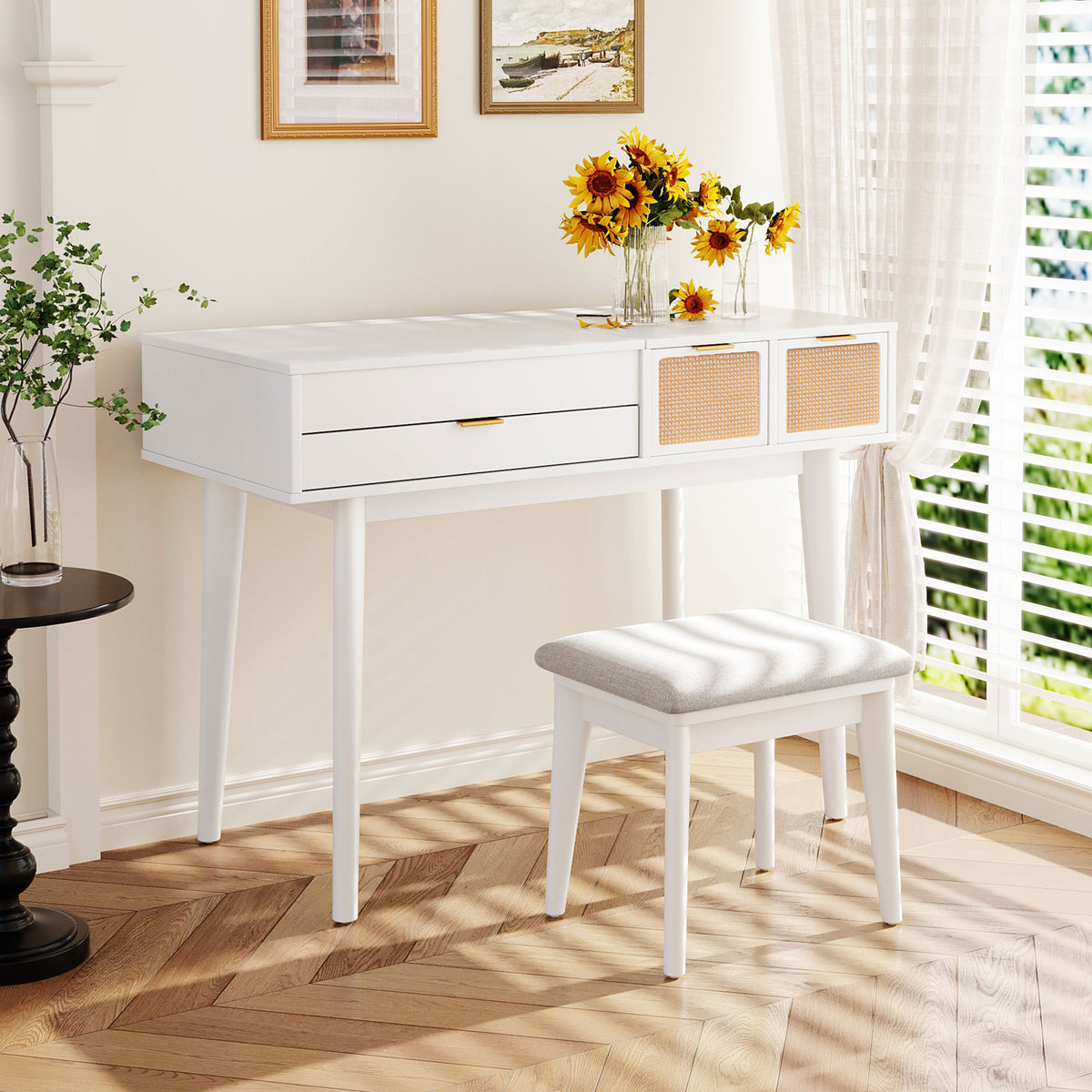 43.3" Classic Wood Makeup Vanity Set with Flip-top Mirror and Stool, Dressing Table with Three Drawers and storage space, White WF305498AAK-djyc