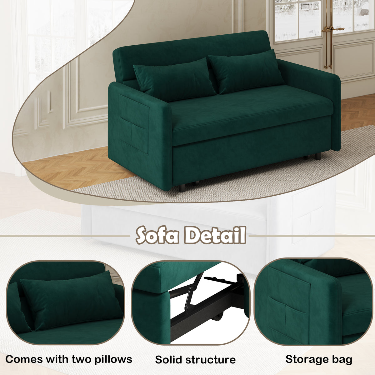 Sofa Pull Out Bed Included Two Pillows 54" Green Velvet Sofa for Small Spaces W1278125092-djyc