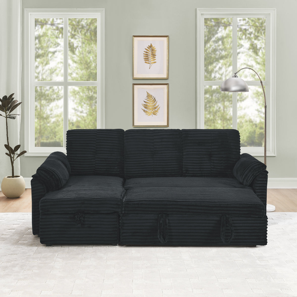 Corduroy Tufted Upholstered Sleeper Sectional Sofa, L-Shaped Modular Convertible Sofa with Reversible Storage Chaise, Pull Out Sleep Couch Bed and Reclining Backrest Perfect for Living Space, Black W487S00227-djyc