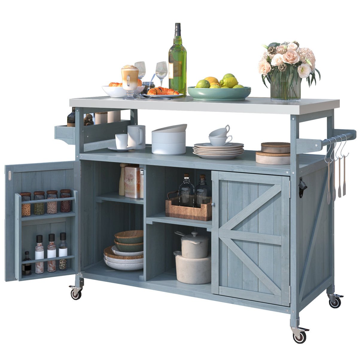 K&K Outdoor Kitchen Island, Rolling Bar Cart & Storage Cabinet, Farmhouse Solid Wood Outdoor Grill Table with Stainless Steel Top, Spice Rack , Towel Rack for Kitchen & BBQ , Grey Blue WF532198AAG-djyc