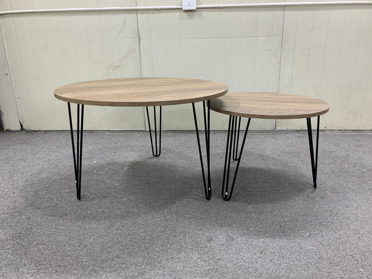 27.56'' Round Nesting Coffee Table Set of 2, Circular Nesting End Table Set, Round Wooden Tabletop, and Sturdy Metal Base for Living Room, bedroom, Brown W808P176732-djyc