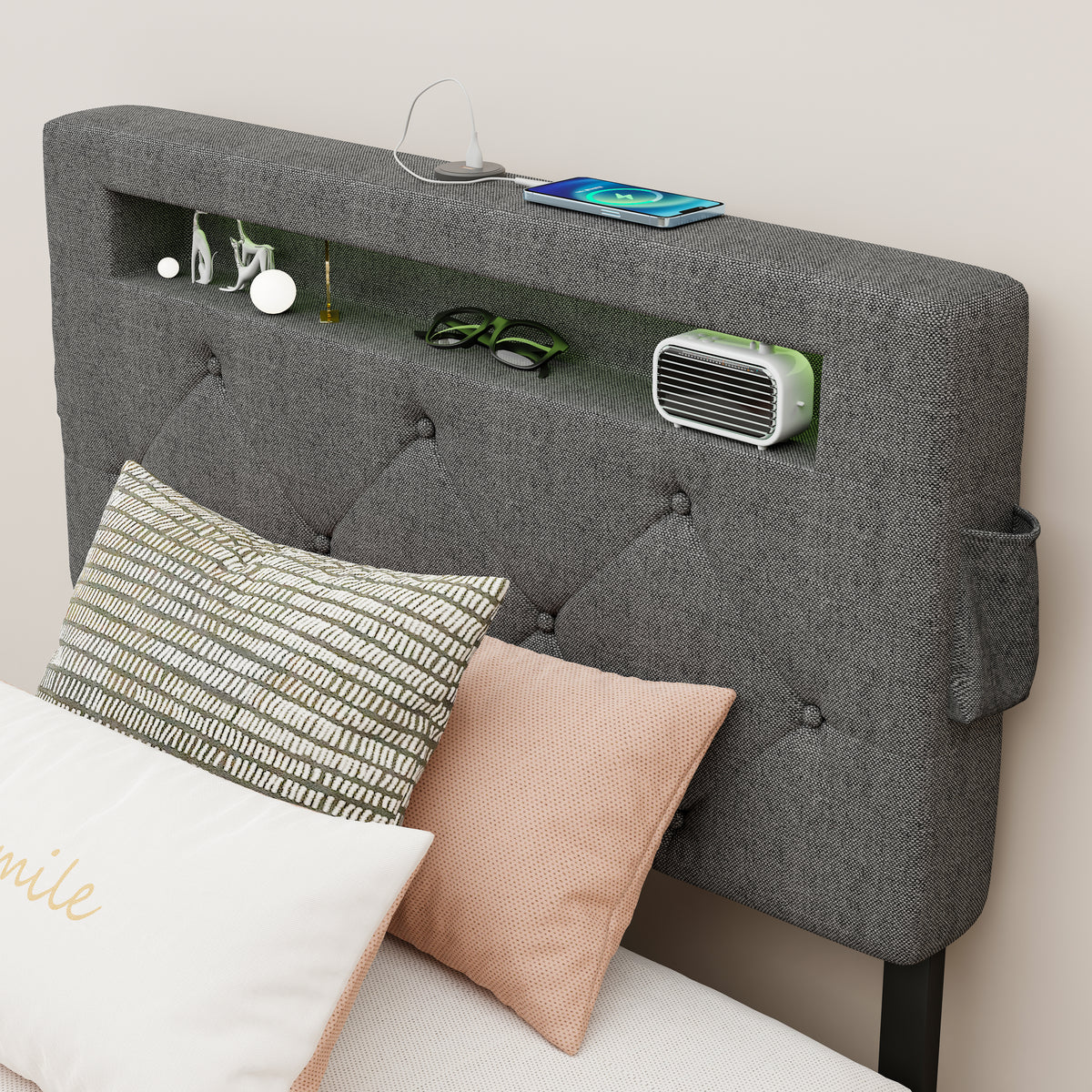 Twin Bed Frame with USB Charging Station & LED Lights, Twin Bed Frame with Headboard & 4 Storage Drawers, D W1960P175562-djyc