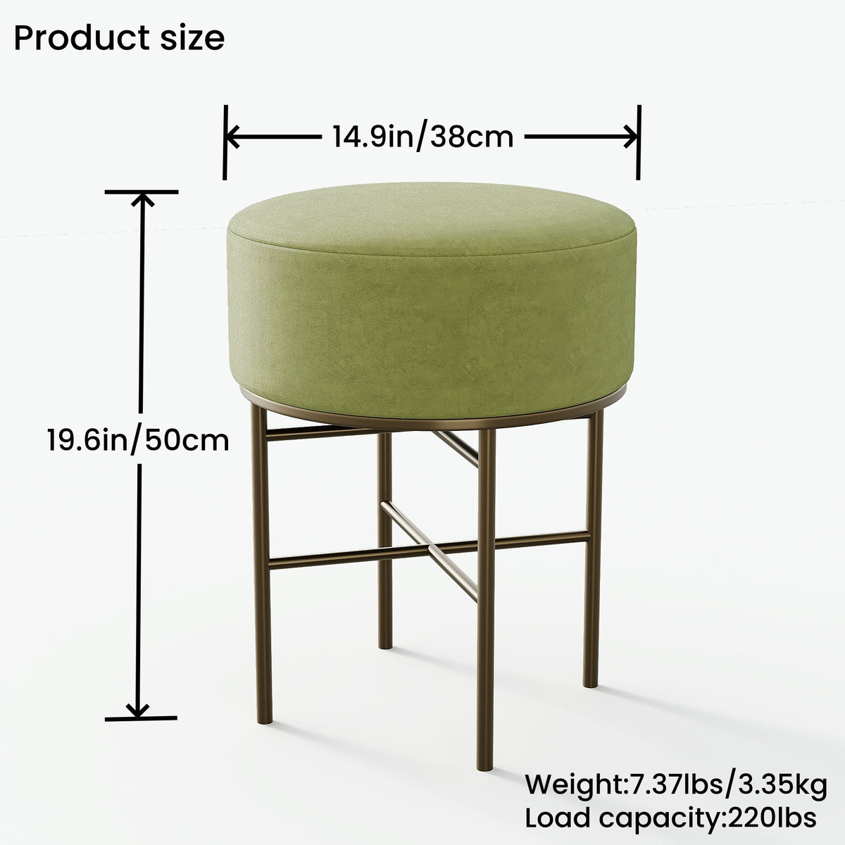 2 pcs Round Cushioned Vanity Stool, Linen Upholstered Vanity Stool for Makeup Room, Modern Soft Stool for Bar and Dining, Ottoman Footrest Stool with Metal Legs for Living Room, Bedroom(Matcha Green) W2557P180260-djyc