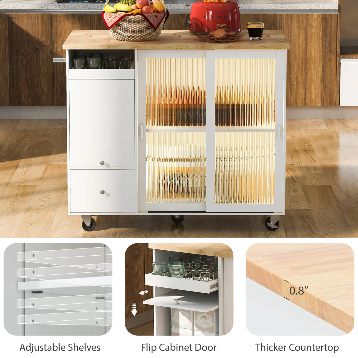 Kitchen Island with Drop Leaf, LED Light Kitchen Cart on Wheels with 2 Fluted Glass Doors and 1 Flip Cabinet Door, Large Kitchen Island Cart with an Adjustable Shelf and 2 Drawers (White) WF311171AAW-djyc