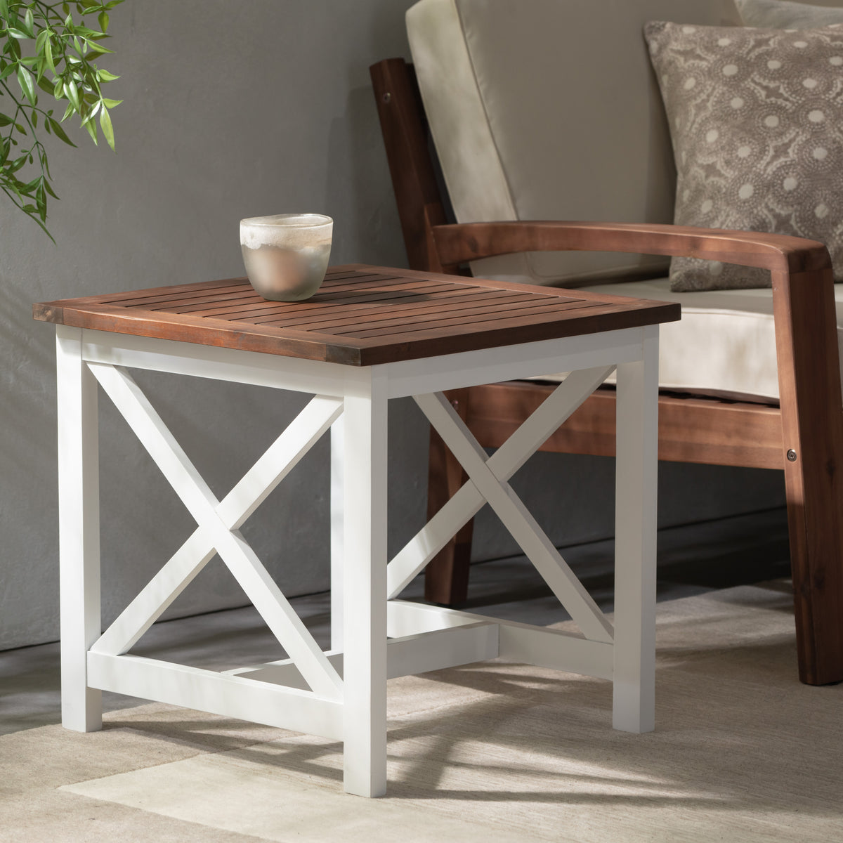Charming Cottage Acacia Wood Side Table – Dark Oak Top with White Legs, Perfect for Display or Storage 61085.00O-djyc