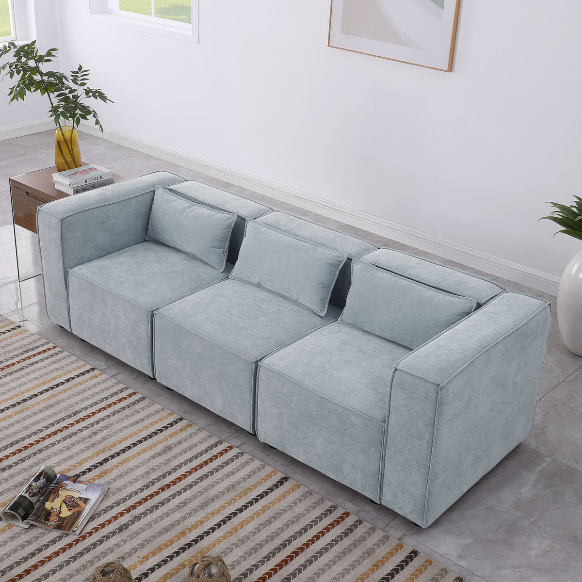 modular sofa Grayish bluechenille fabric,simple and grand, the seat and back is very soft. this is also a KNOCK DOWN sofa W1099S00113-djyc