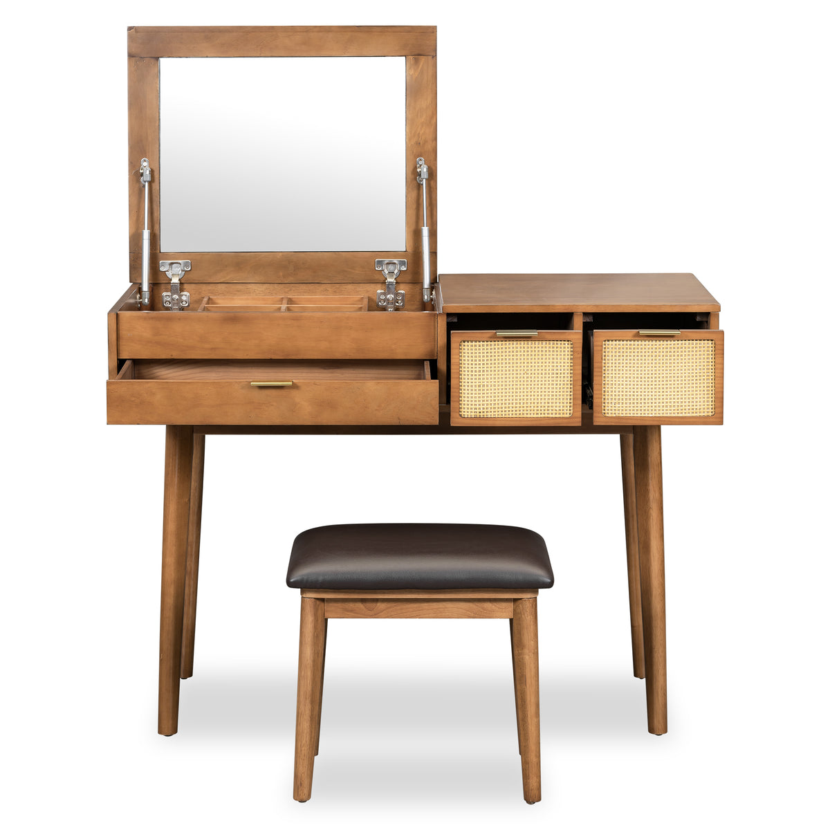 43.3" Classic Wood Makeup Vanity Set with Flip-top Mirror and Stool, Dressing Table with Three Drawers and storage space, Brown N704P165645-djyc