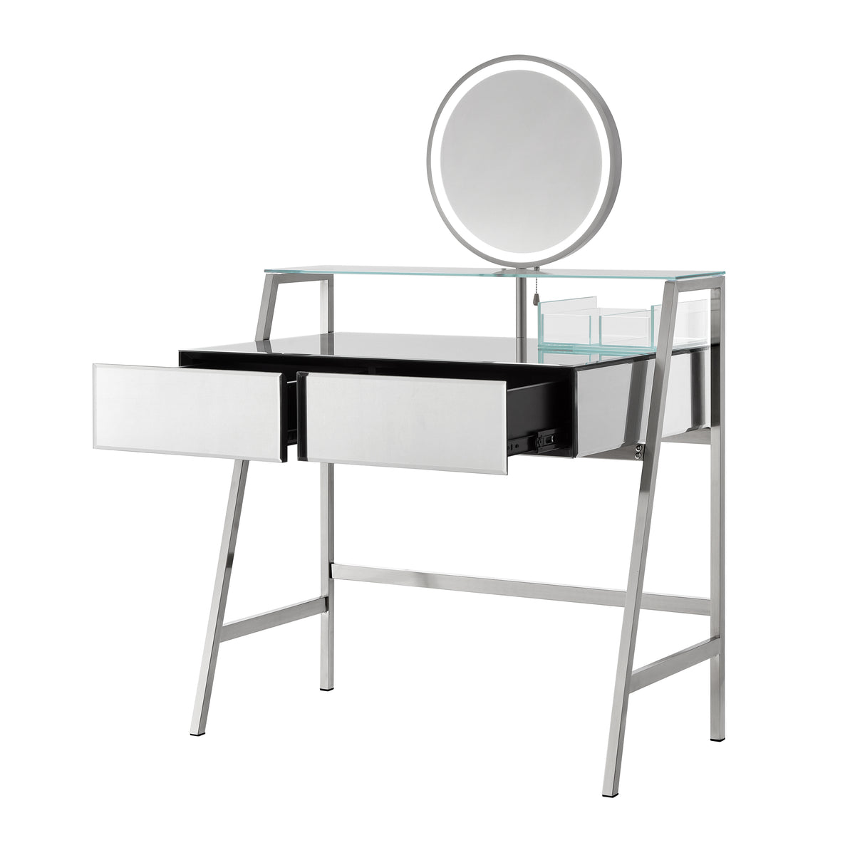 33.9" Mirrored Makeup Vanity Desk with Mirror and Lights, Mirrored Console Vanity Table with 2 Big Drawers & Open Shelf, Dressing Table with Charging Station for Bedroom, Silver FG202302AAA-djyc