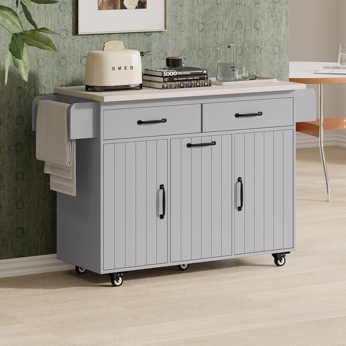 K&K Kitchen Island with Trash Can Storage Cabinet, Kitchen Cart with Drop Leaf, Spice Rack, Towel Rack and Drawer, Rolling Kitchen Island on Wheels with Adjustable Shelf, Grey WF326381AAG-djyc