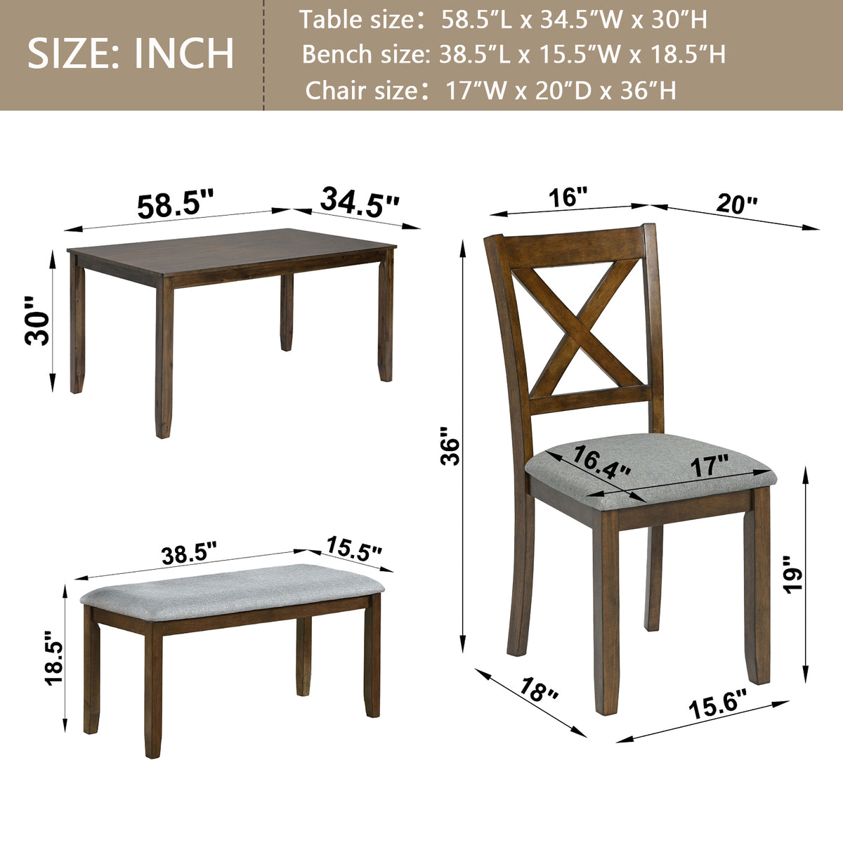 6 Piece Kitchen Dining Set, Rectangular Wooden Dining Table with 4 Upholstered Chairs and a Bench, Dining Table Set for 6 People, Living Room, Home Bar and Kitchen, Walnut W1998S00008-djyc