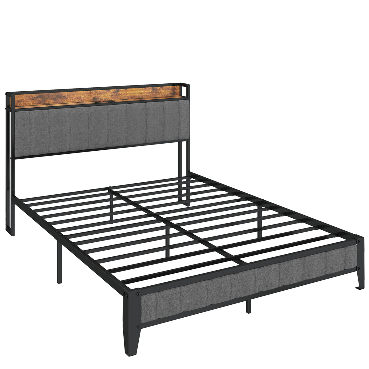 Queen Size Bed Frame with Charging Station, Upholstered Headboard, Metal Platform, Grey W1960131346-djyc