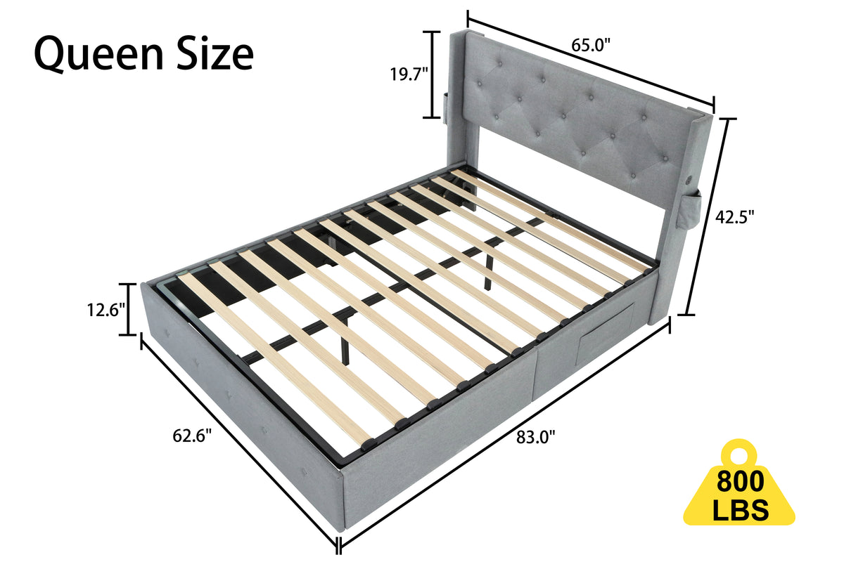 Queen Size Bed Frame with Storage - Lift Up Storage Bed with Modern Wingback Headboard, USB Ports W1960S00005-djyc