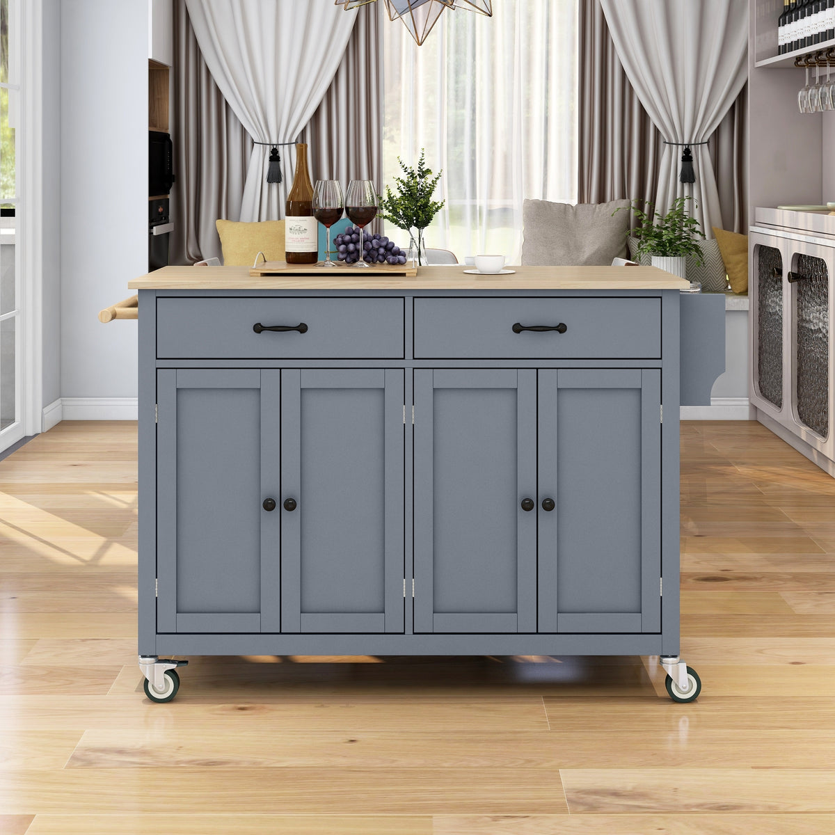 Kitchen Island Cart with Solid Wood Top and Locking Wheels,54.3 Inch Width,4 Door Cabinet and Two Drawers,Spice Rack, Towel Rack (Grey Blue) WF286911AAG-djyc