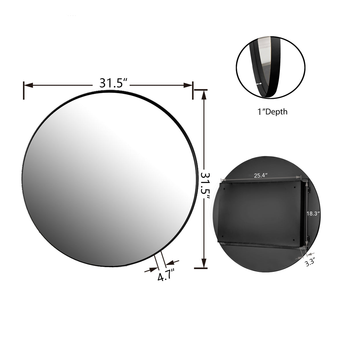 31.5 Inch Surface Mount Round Metal Framed Medicine Cabinet with Mirror and Adjustable Shelves Black Wall Mirror with Storage for Bathroom, Matte Black W1435P194674-djyc