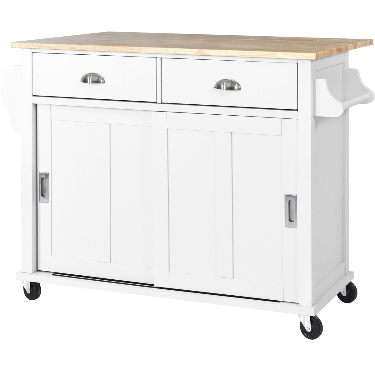 Kitchen Cart with Rubber wood Drop-Leaf Countertop, Concealed sliding barn door adjustable height,Kitchen Island on 4 Wheels with Storage Cabinet and 2 Drawers,L52.2xW30.5xH36.6 inch, White SK000001AAW-djyc