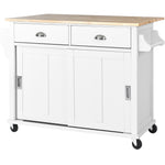 Kitchen Cart with Rubber wood Drop-Leaf Countertop, Concealed sliding barn door adjustable height,Kitchen Island on 4 Wheels with Storage Cabinet and 2 Drawers,L52.2xW30.5xH36.6 inch, White SK000001AAW-djyc