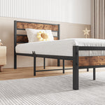 Twin Size Platform Bed Frame with Rustic Vintage Wood Headboard, Strong Metal Slats Support, No Box Spring Needed W840P144081-djyc