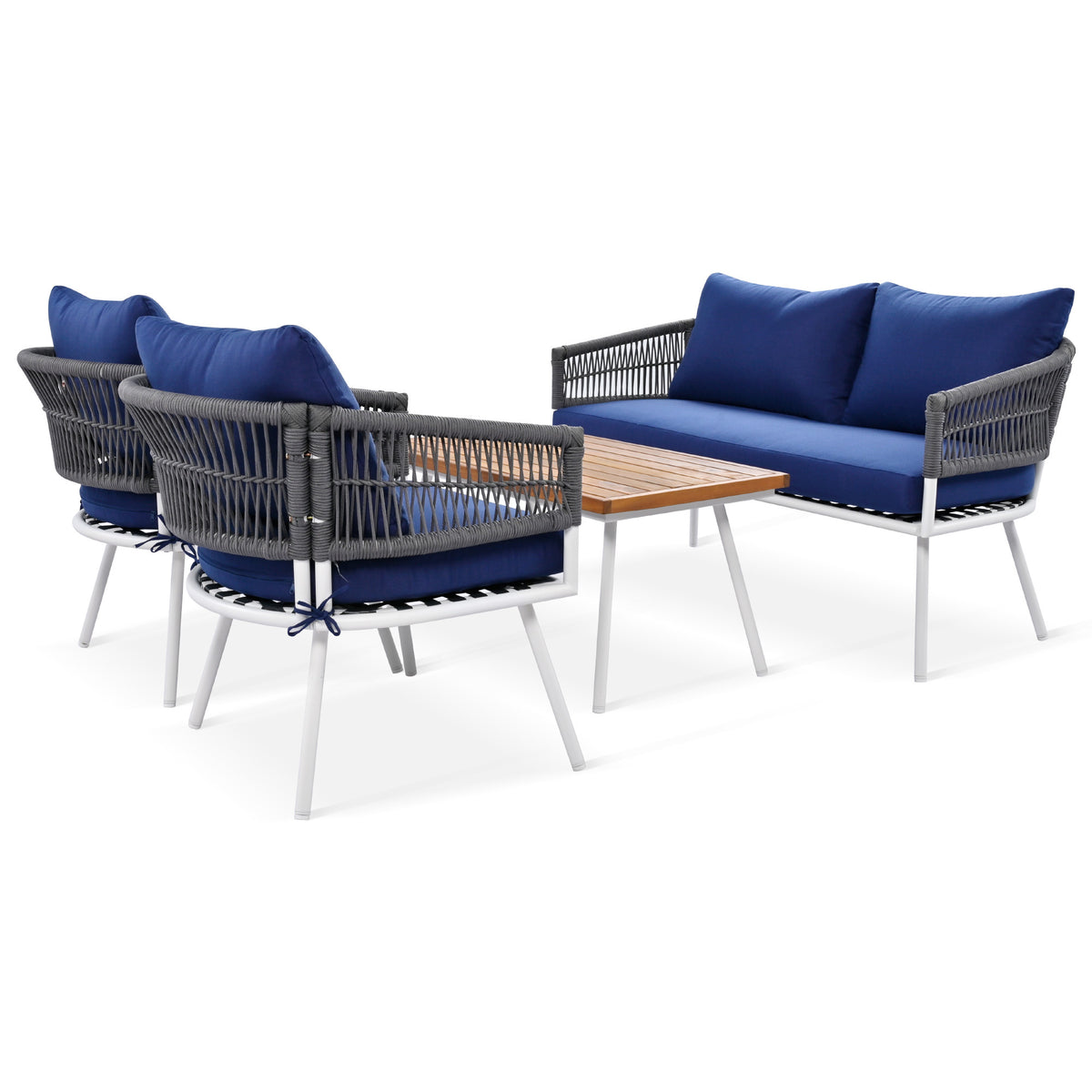 K&K 4-Piece Boho Rope Patio Furniture Set, Outdoor Furniture with Acacia Wood Table, Patio Conversation Set with Deep Seating & Thick Cushion for Backyard Porch Balcony, Navy Blue SK000004AAE-djyc