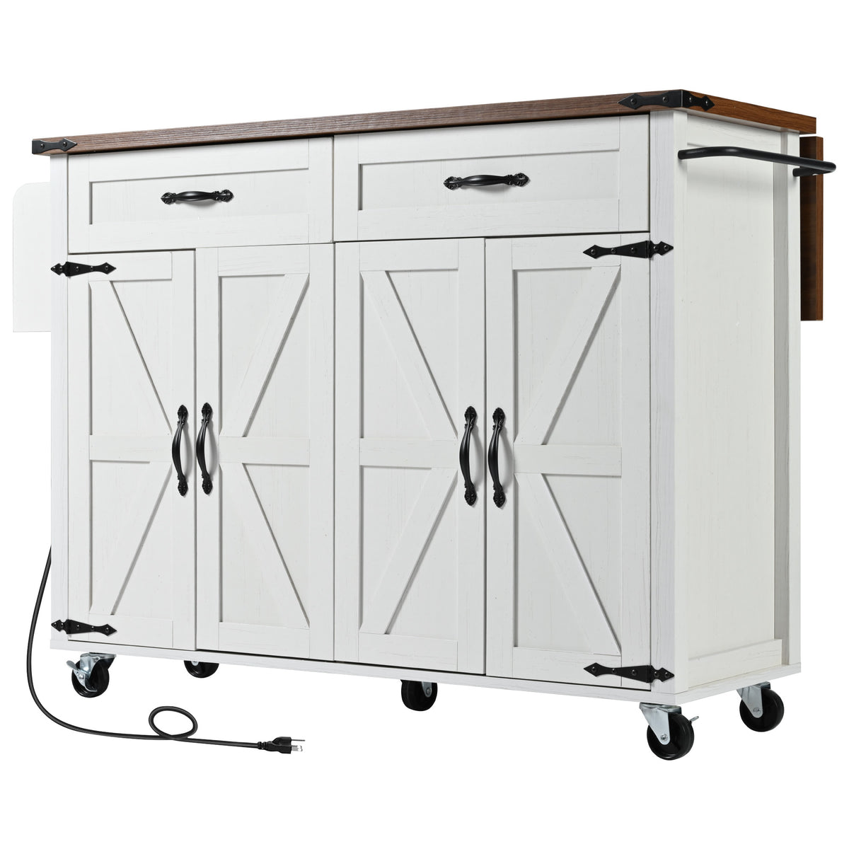 K&K 53.5''Farmhouse Kitchen Island with Power Outlet, Kitchen Storage Island with Drop Leaf, Spice Rack and Drawer, Rolling Kitchen Cart on Wheels, for Home, Kitchen and Dining Room, White N707P170348W-djyc