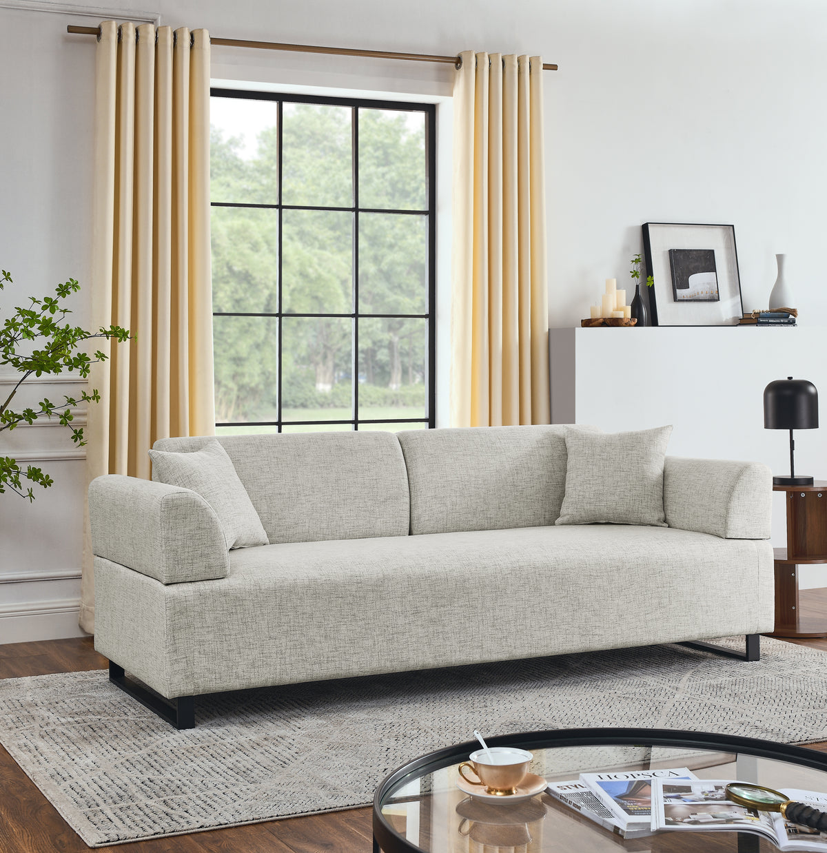 Linen Fabric 3 Seat Sofa with Two End Tables and Two Pillows, Removable Back and Armrest, Morden Style Upholstered 3-Seat Couch for Living Room W487139513-djyc