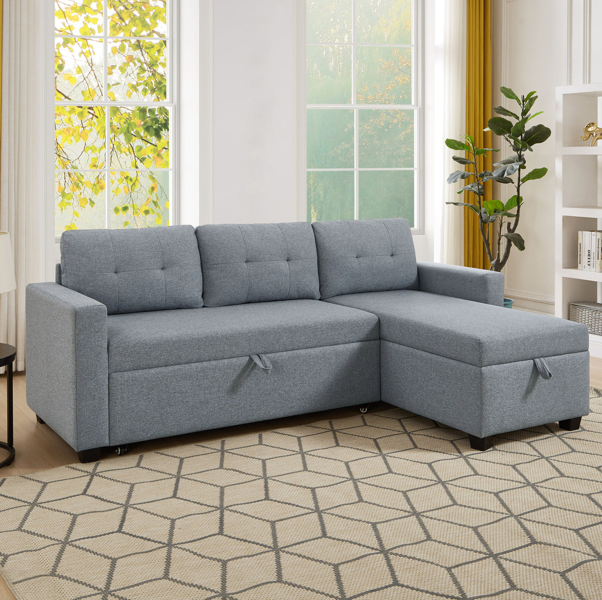 Upholstered Pull Out Sectional Sofa with Storage Chaise, Convertible Corner Couch, Light Grey W2336S00013-djyc