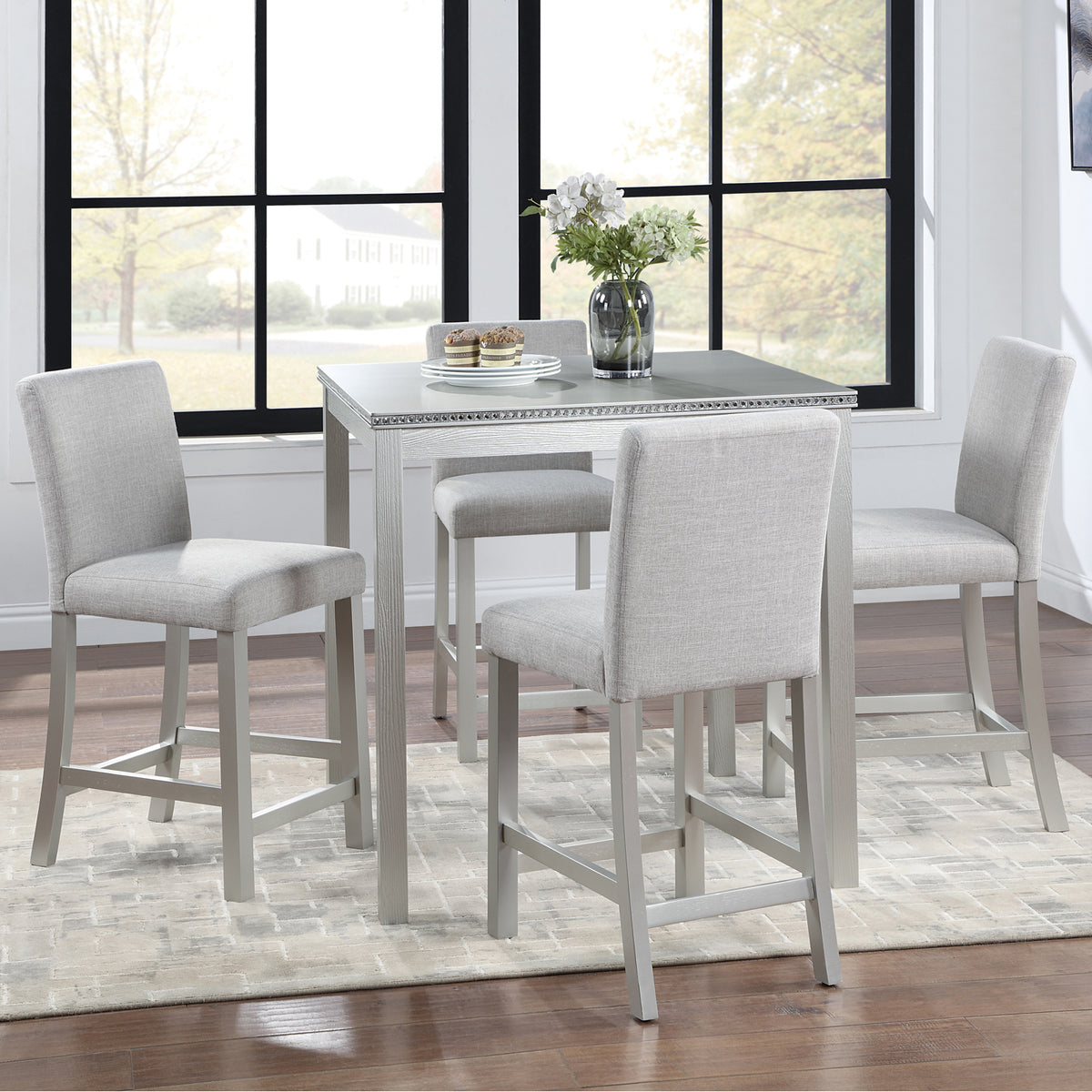 5 Piece Counter Height Table Set, Wooden Kitchen Table Set with Square Table and 4 Upholstered Chairs, Counter Height Dining Table with Crystal Decoration and Chair Set, Silver grey W1998S00039-djyc