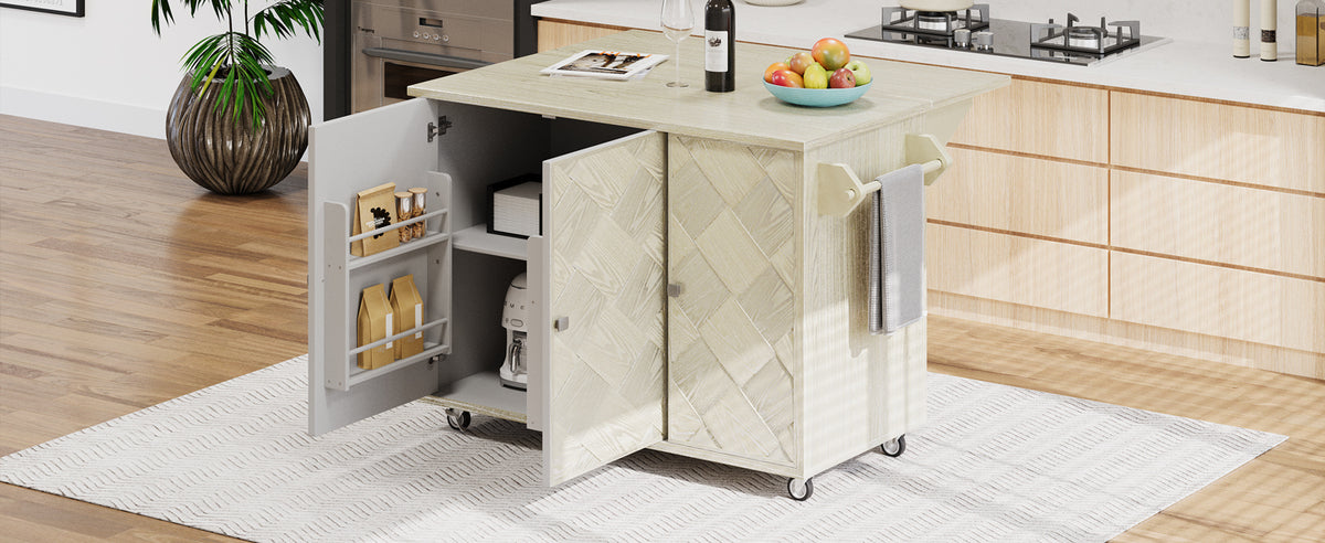 K&K 51.2"W Ash Veneer (Not Cheap Paper) Solid Wood Handwoven Kitchen Island with Drop Leaf, Coastal Kitchen Island on Wheels with Internal Storage Rack, Rolling Kitchen Cart, Champagne N707P207916X-djyc