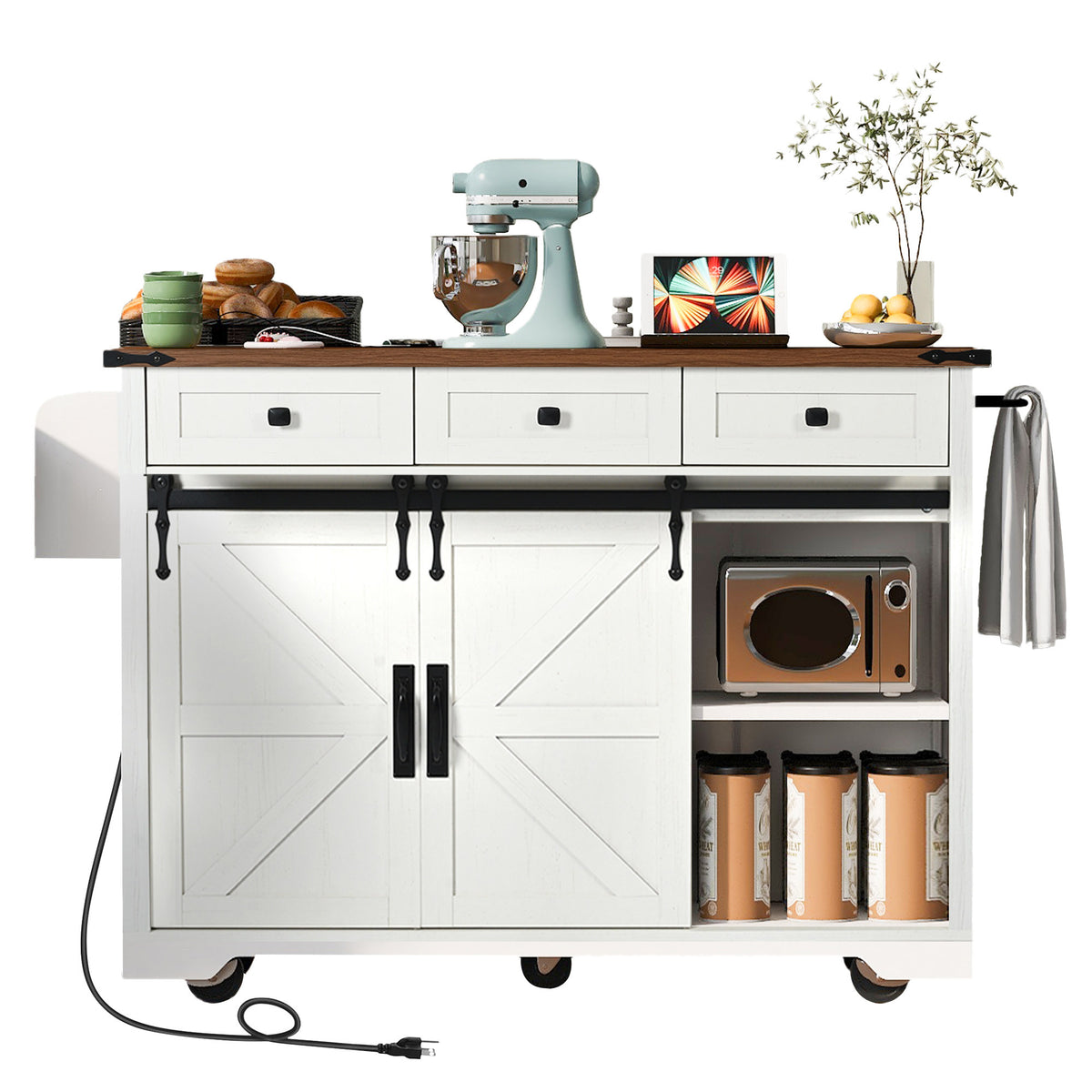 K&K 53.7" Farmhouse Kitchen Island with Power Outlet, 2 Sliding Barn Door Kitchen Storage Island with Drop Leaf, Spice Rack Rolling Kitchen Cart on Wheels, for Home, Kitchen and Dining Room, White N707P170347W-djyc