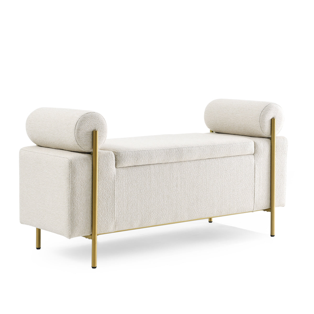 Elegant Upholstered Linen Storage Bench with Cylindrical Arms and Iron Legs for Hallway Living Room Bedroom, Beige W487128011-djyc