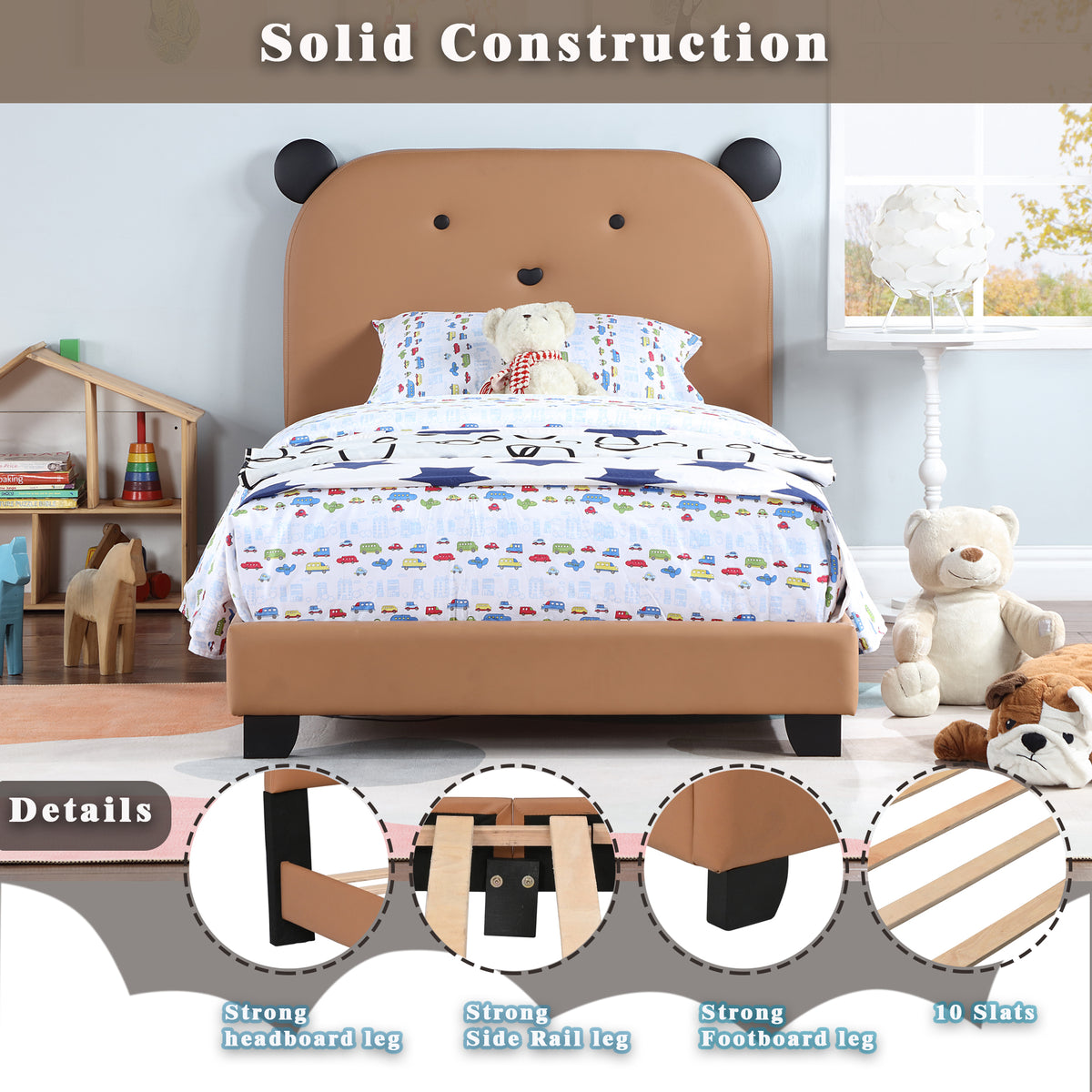 Upholstered Twin Size Platform Bed for Kids, Wooden Bed Frame with Slatted Bed Base, No Box Spring Needed, Cute Bed Frame with Bear Design Headboard for Girls Boys Teens, Brown W1998124482-djyc