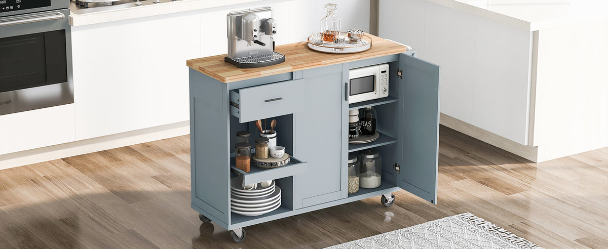 K&K Kitchen Island with Foldable Counter Top, Kitchen Storage Cart with Slide-Out Shelf, Towel Rack and Drawer, Rolling Kitchen Cart on Wheels, for Kitchen, Living Room, Dining Room, Grey Blue N707P173036G-djyc