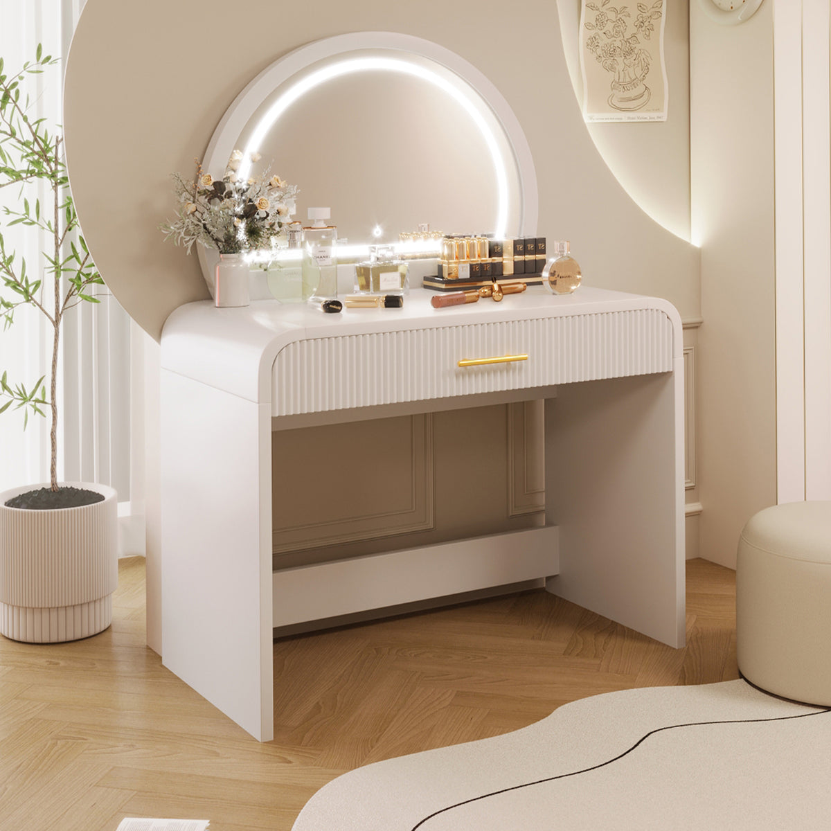 39" Makeup Vanity Table with Mirror Touch Screen Lighted Mirror, Dressing Table with Drawer for Bedroom, White N704P196658K-djyc