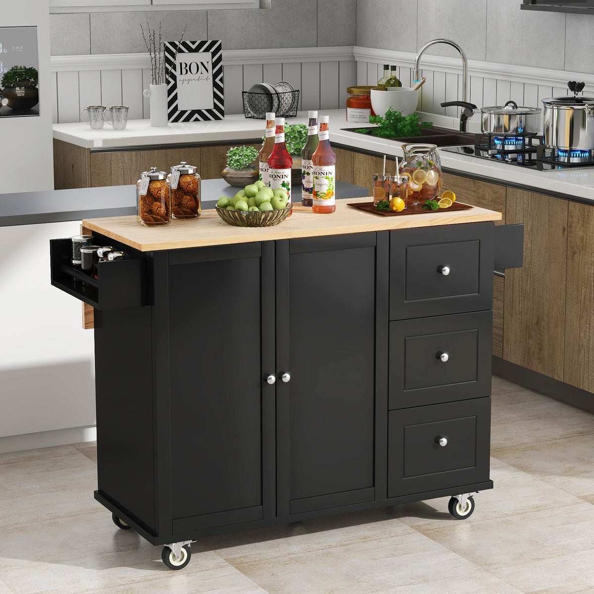 Rolling Mobile Kitchen Island with Solid Wood Top and Locking Wheels,52.7 Inch Width,Storage Cabinet and Drop Leaf Breakfast Bar,Spice Rack, Towel Rack & Drawer (Black) WF287035AAB-djyc