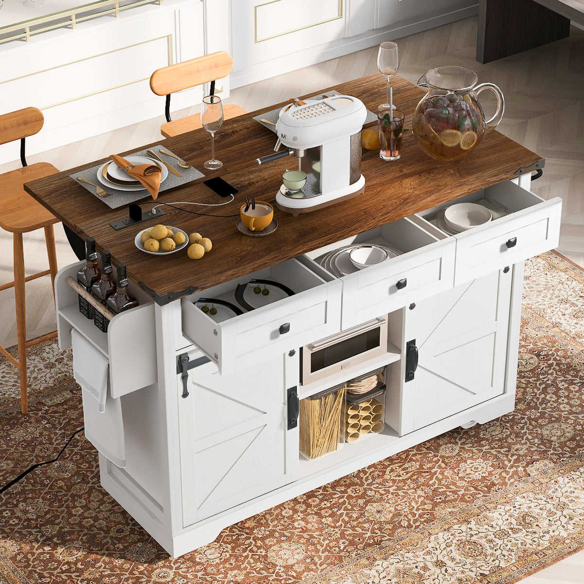 K&K 53.7" Farmhouse Kitchen Island with Power Outlet, 2 Sliding Barn Door Kitchen Storage Island with Drop Leaf, Spice Rack Rolling Kitchen Cart on Wheels, for Home, Kitchen and Dining Room, White N707P170347W-djyc