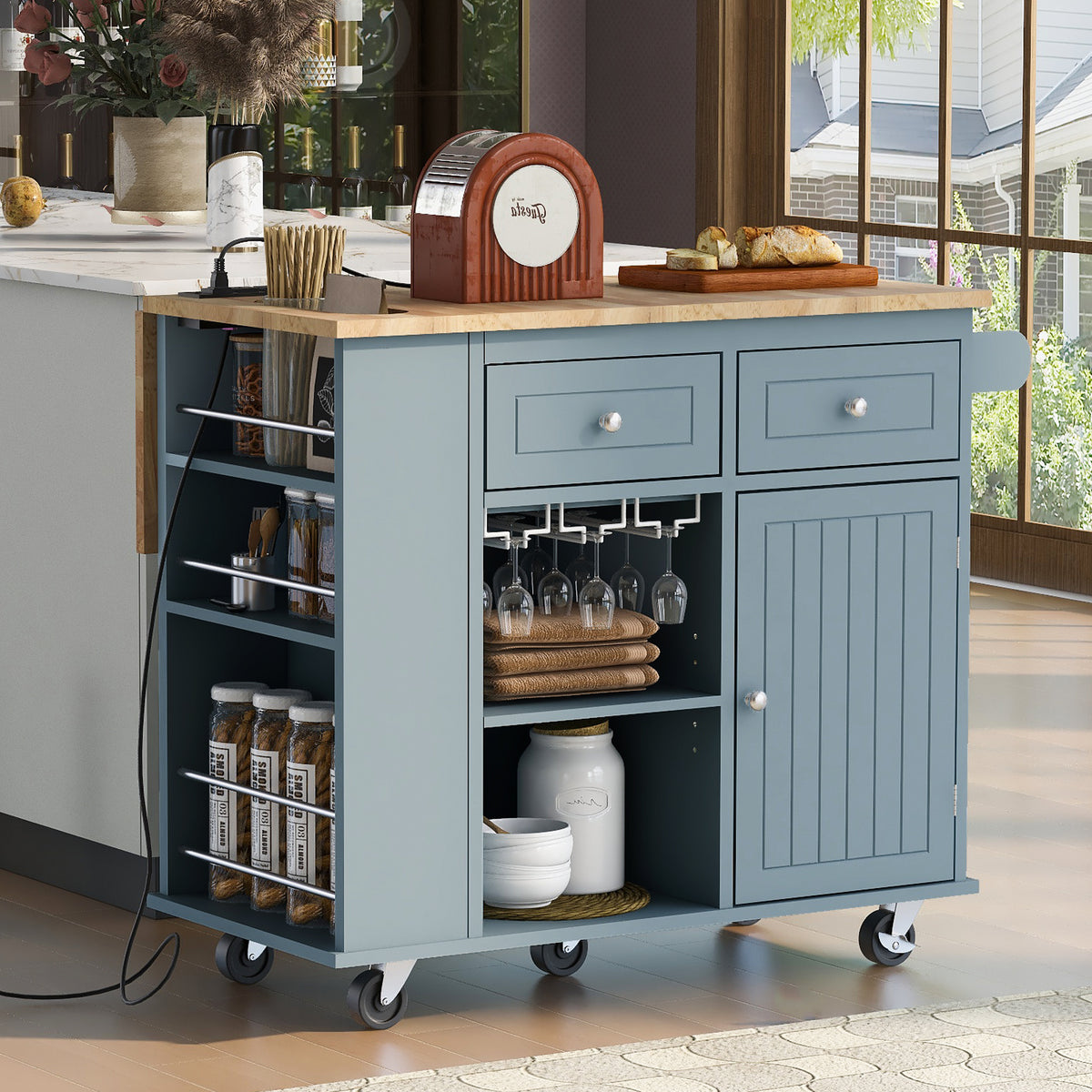 Kitchen Island with Power Outlet,Kitchen Storage Island with Drop Leaf and Rubber Wood,Open Storage and Wine Rack,5 Wheels,with Adjustable Storage for Home, Kitchen, and Dining Room, Grey Blue WF305556AAG-djyc