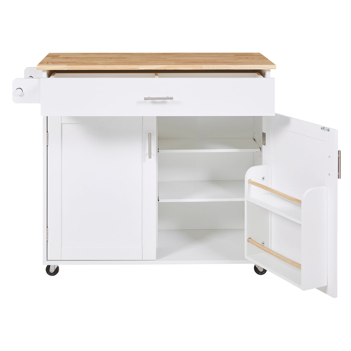 K&K Rolling Kitchen Island with Storage, Kitchen Cart with Rubber Wood Top, Spacious Drawer with Divider and Internal Storage Rack, Kitchen Island on Wheels with Adjustable Shelf Tower Rack, White WF316601AAW-djyc