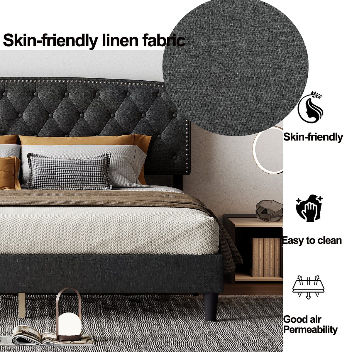 King size Adjustable Headboard with Fine Linen Upholstery and Button Tufting for Bedroom,Wave TopDark Grey W1793140474-djyc