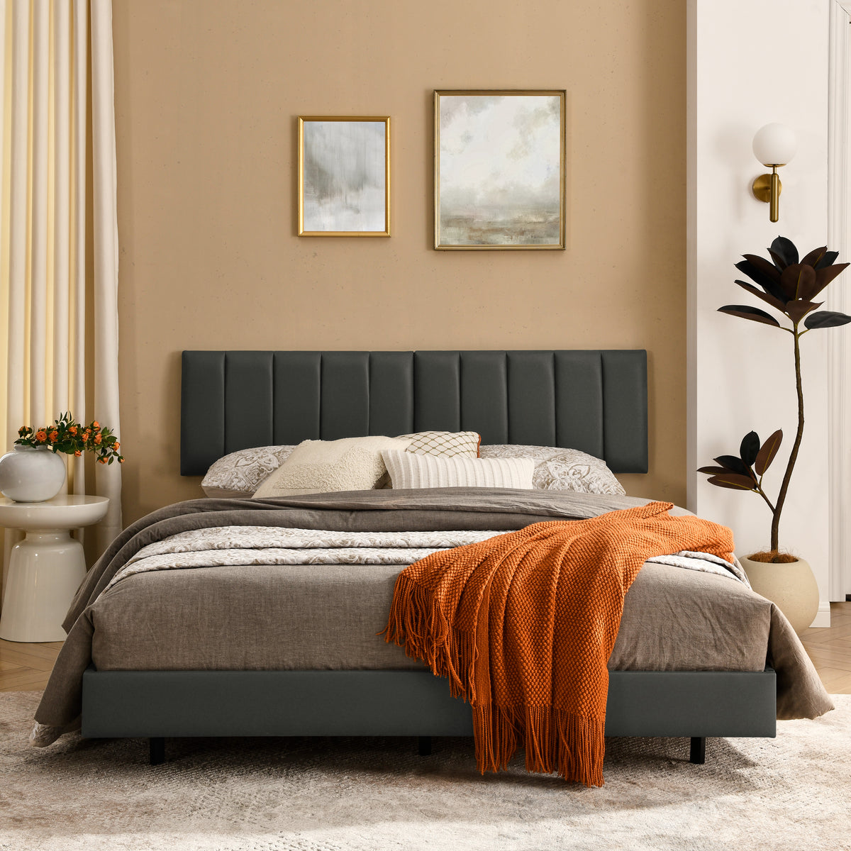 Queen Floating Bed Frame with Wall Mounted Headboard Modern Low Profile Platform Bed Frame Queen Size Faux Leather Upholstered Platform Bed Frame,No Box Spring Needed,Grey W487P169719-djyc