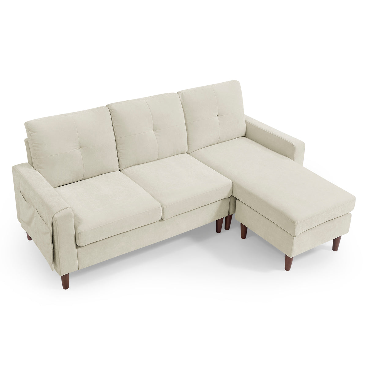 80" Convertible Sectional Sofa Couch, 3 Seats L-shape Sofa with Removable Cushions and Pocket, Rubber Wood Legs, Beige Chenille W487S00108-djyc