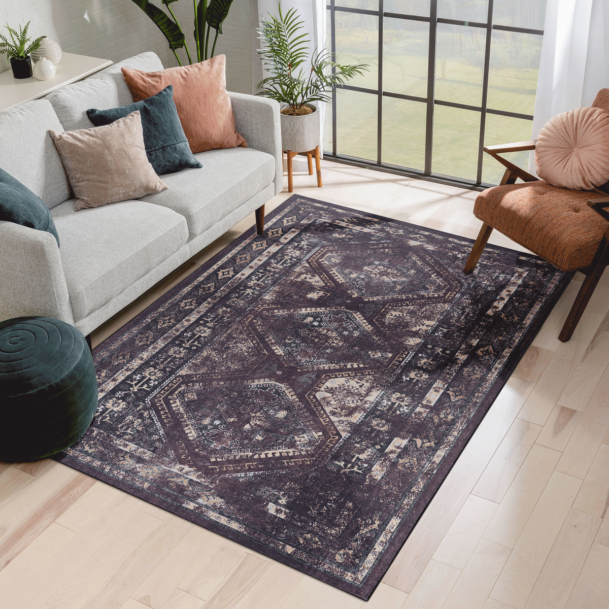 MAVAL Black Washable Rug 3x5 Area Rug (Black+Burgundy, 3' x 5')-B189P188996