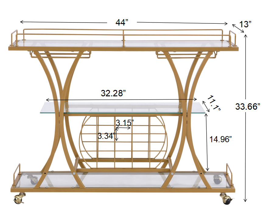 Golden Bar Cart with Wine Rack Tempered Glass Metal Frame Wine Storage W821P184472-djyc