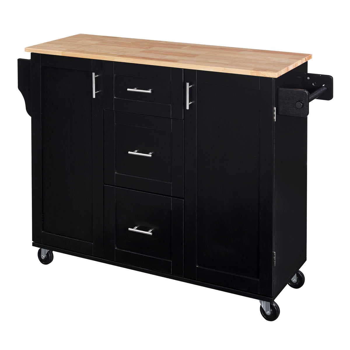 K&K Rolling Kitchen Island with Storage, Kitchen Cart with Rubber Wood Top, 3 Drawer, 2 Slide-Out Shelf and Internal Storage Rack, Kitchen Island on Wheels with Spice Rack & Tower Rack, Black WF316599AAB-djyc