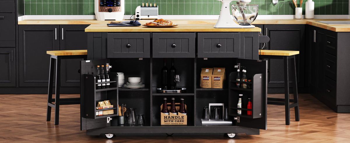 K&K 53inch Large Kitchen Island with Drop Leaf, Power Outlet, Door Internal Storage Rack, Rolling Kitchen Cart on 5 Wheels with 5 Open Side Racks for Kitchen, Dining Room,Black(Not include bar stools) N707P185531B-djyc