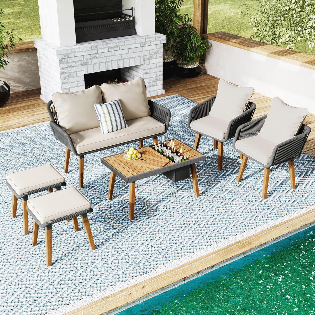 K&K 6-Piece Rope Patio Furniture Set, Outdoor Furniture with Acacia Wood Cool Bar Table with Ice Bucket , Deep Seat Patio Conversation Set with Two Stools for Backyard Porch Balcony (Black & Beige) SK000005AAA-djyc