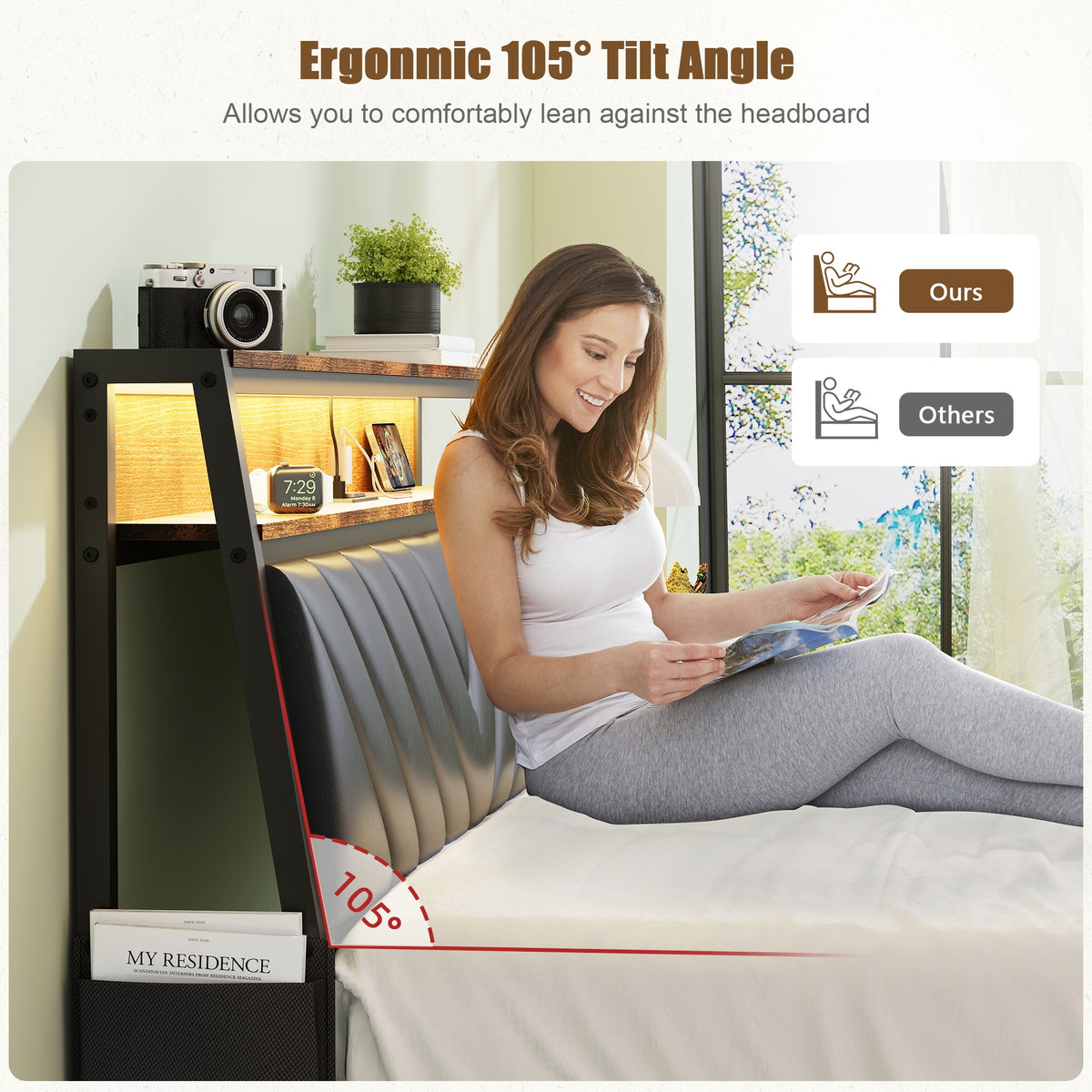 Queen size Platform Bed Frame with 105-Degree Tilted Upholstered Headboard, Charging Station, LED Lights, Noiseless, Black and Brown W1903P195268-djyc