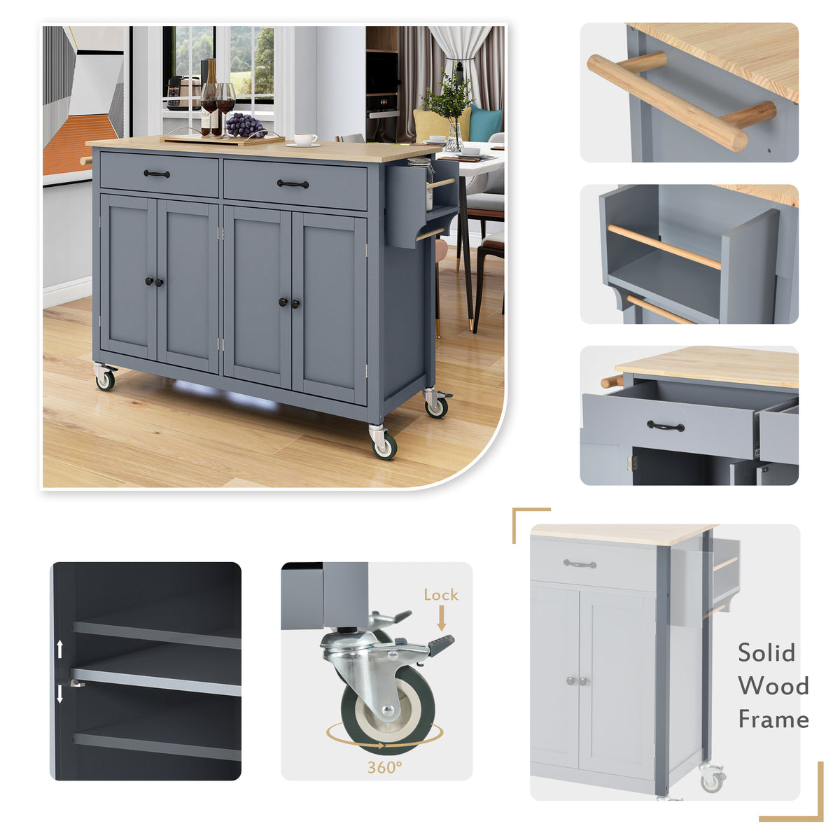 Kitchen Island Cart with Solid Wood Top and Locking Wheels,54.3 Inch Width,4 Door Cabinet and Two Drawers,Spice Rack, Towel Rack (Grey Blue) WF286911AAG-djyc