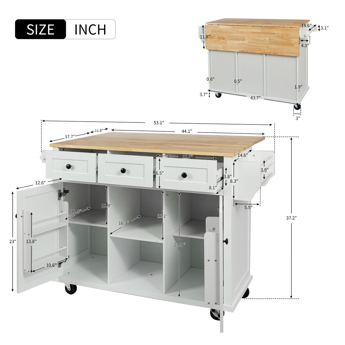 Kitchen Cart with Rubber wood Drop-Leaf Countertop ,Cabinet door internal storage racks,Kitchen Island on 5 Wheels with Storage Cabinet and 3 Drawers for Dinning Room,White WF298028AAW-djyc